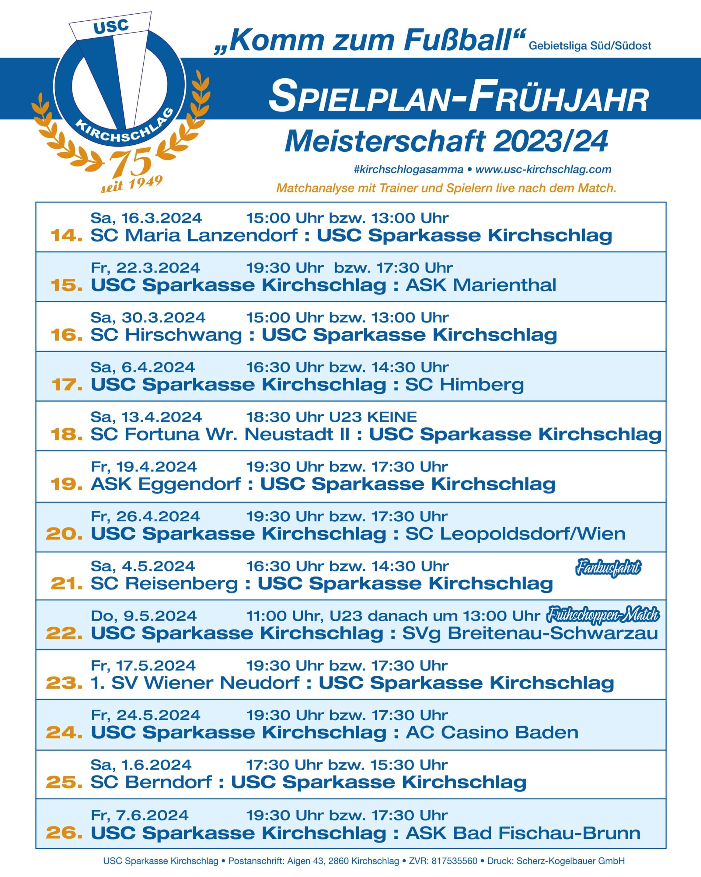Spielplan Frühjahr 2024 Gebietsliga Süd/Südost USC Sparkasse Kirchschlag